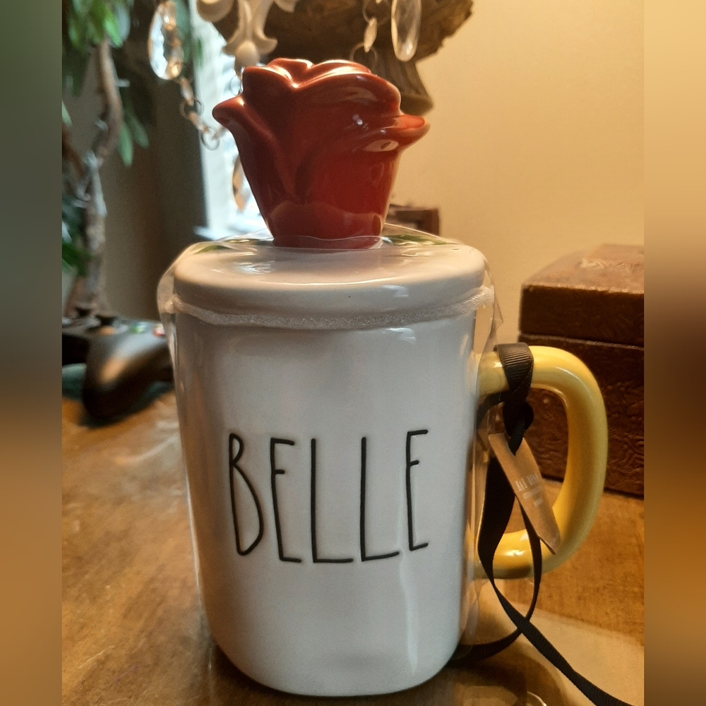 Rae Dunn Princess Belle Beauty & the Beast Mug With Rose Topper New with tags